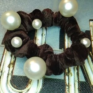 Brown Velvet Pearl Scrunchy